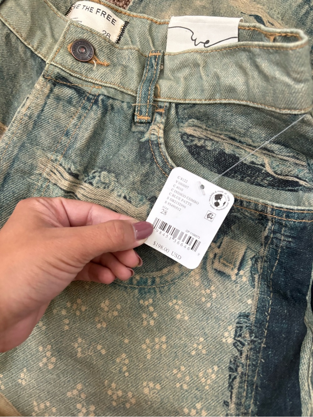 Free People Patchwork Straight-Leg Jeans in Olive, Tan, Navy - Picture 4 of 5
